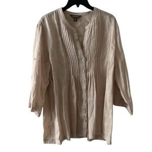 Tommy Bahama 100% Linen Tunic Top Women's Large Button Up 3/4 Roll Tab Sleeves